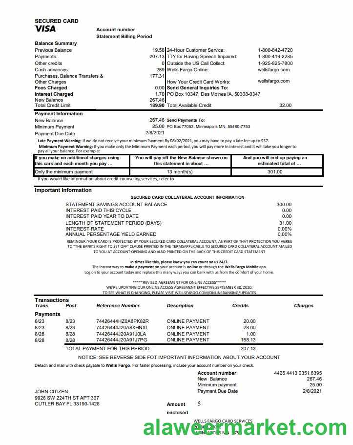 USA Wells Fargo bank credit card statement excel pdf